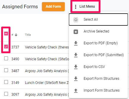 Assigned form list menu