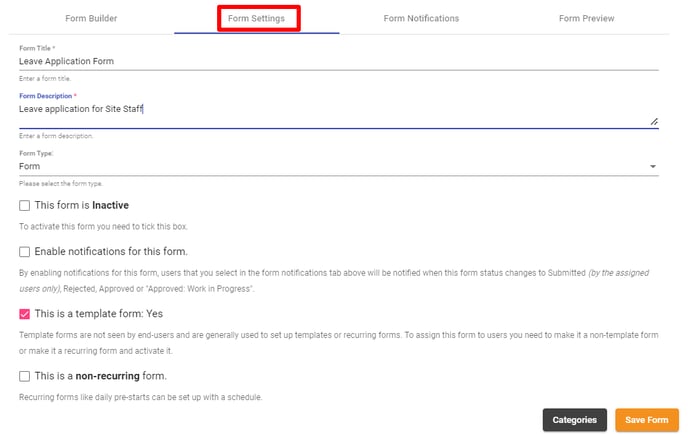 Form Settings tab