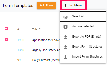 Form templates list menu