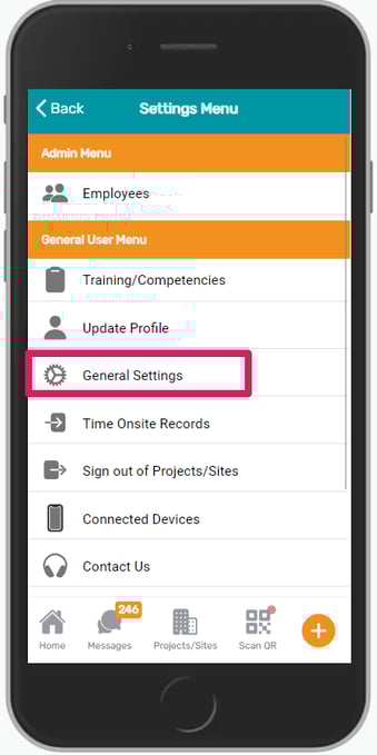 General settings menu
