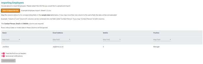 Importing employees screen