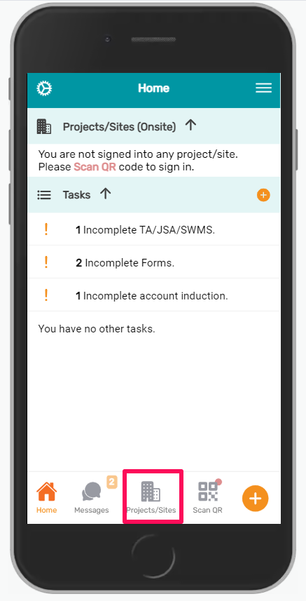 Projects and sites button