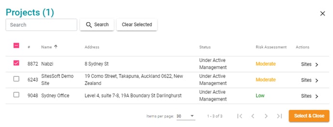 Projects selector