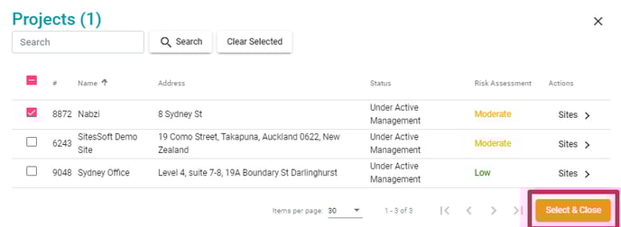 Select and close projects
