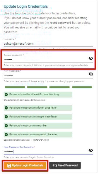 Update login credentials